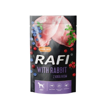 Rafi pástétom, felnőtt kutyáknak, NYÚLLAL, KÉK- és VÖRÖSÁFONYÁVAL, gabonamentes 500g alutasak