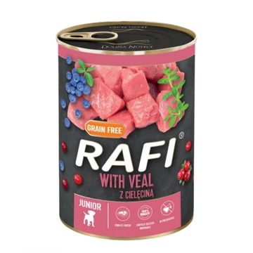 Rafi pástétom, kölyök kutyáknak, BORJÚVAL, KÉK- és VÖRÖSÁFONYÁVAL, gabonamentes 400 g konzerv