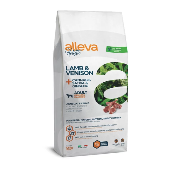 Alleva Holistic Medium / Maxi Felnőtt Kutyáknak Bárány & Vadhús + Cannabis Sativa & Ginzeng 12 kg